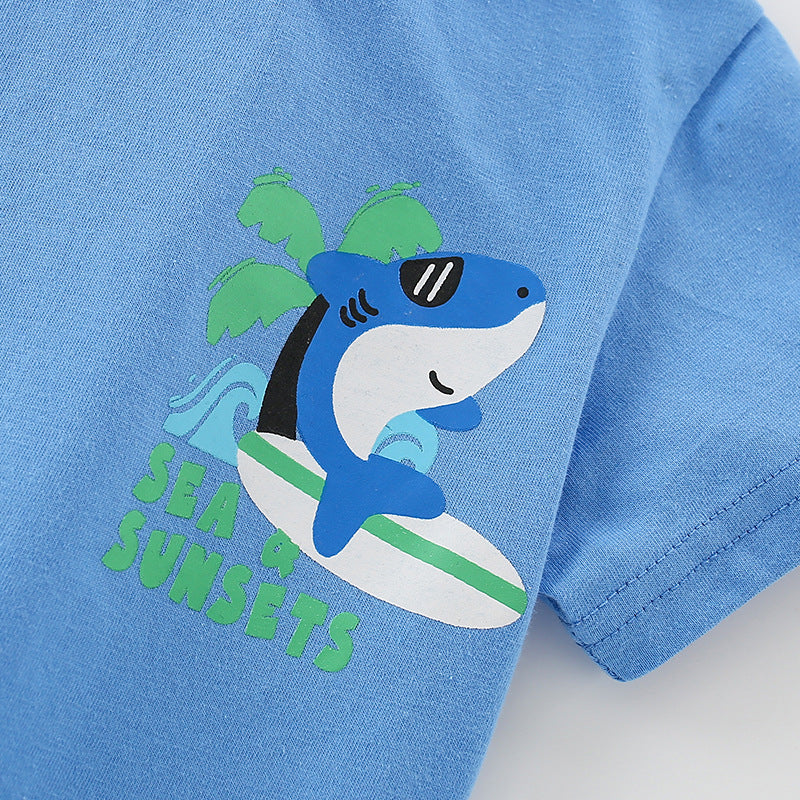 Summer Baby Kids Animals Cartoon Pattern T-shirt and Plain Shorts Clothing Set for Boys - Image 3