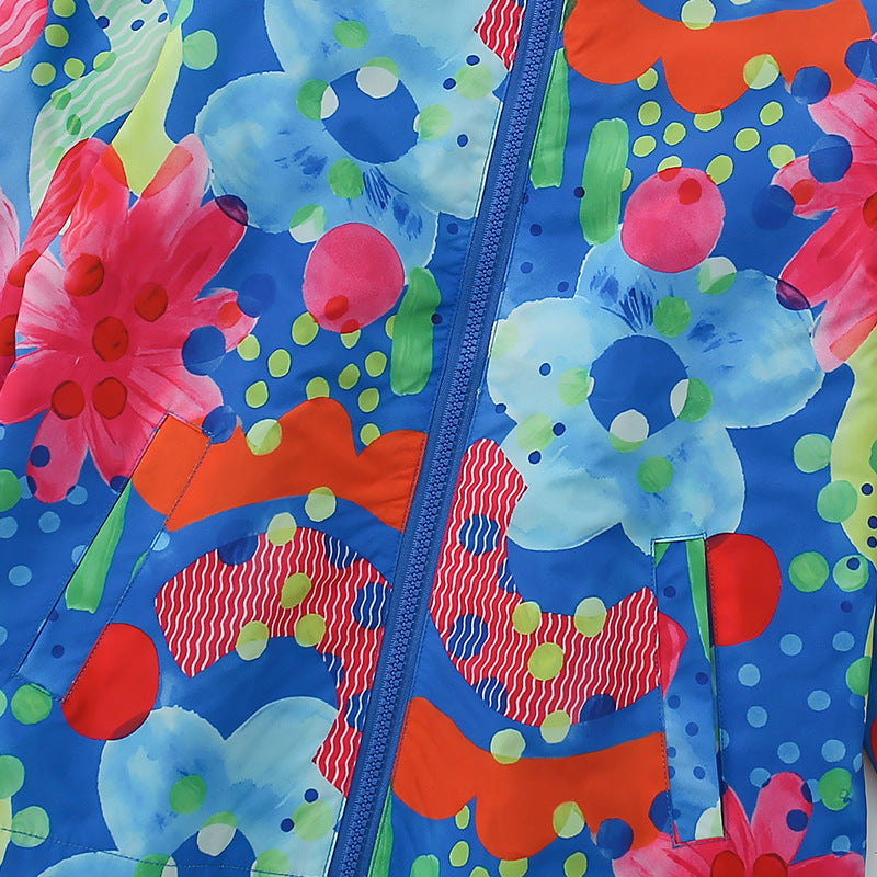 Arrival European and American Style Girls’ Hooded Zip-up Colorful Flowers Pattern Coat with Long Sleeves - Image 4