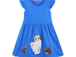 Summer Pure Cotton Cute Cartoon Mouse and Cat Pattern Fly Sleeves Dress for Stylish Girls