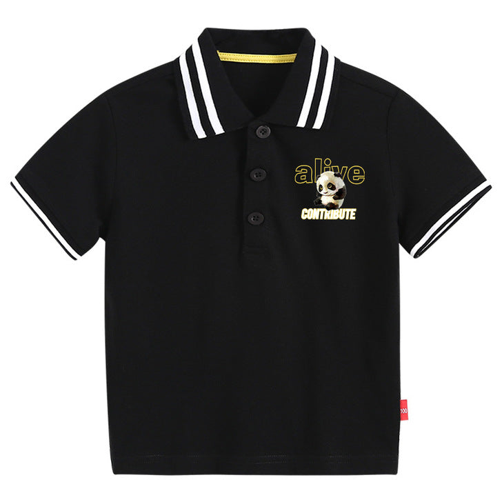 Baby Boy Panda Print Pattern Polo Collar White T-Shirt Preppy Style Short-Sleeved Tee Shirt With Button - Image 21