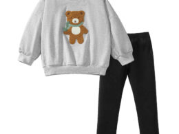 Spring And Autumn Girls Teddy Bear Pattern Long Sleeves Top Sweatshirt And Black Pants Clothing Set