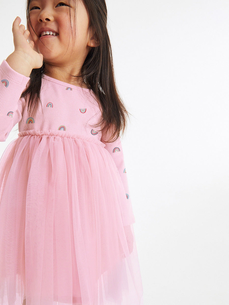 Arrival Autumn Girls Rainbows Print Crew Neck Long Sleeves Tulle Patchwork Princess Dress - Image 5