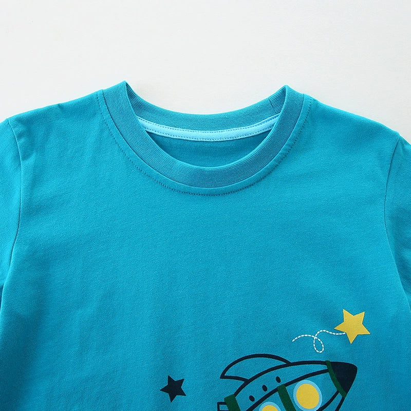Summer Boys’ Rocket and Stars Cartoon Pattern T-shirt in European and American Style - Image 4