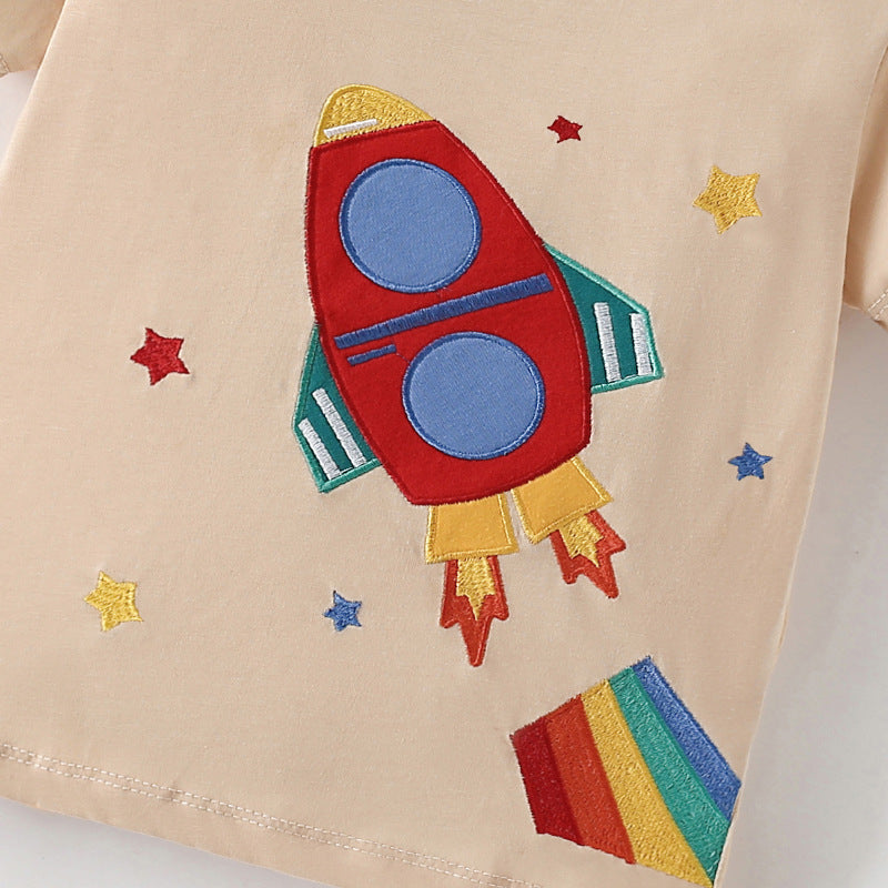 Summer Arrival Boys’ Rocket and Stars Cartoon Pattern T-shirt in European and American Style - Image 3