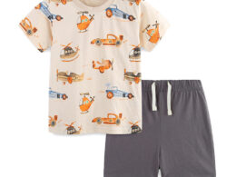 Summer Baby Kids Racing Cars and Planes Cartoon Pattern T-shirt and Shorts Clothing Set for Boys