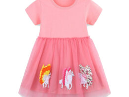 Summer Arrival Cotton Animals Pattern Tulle Patchwork Short Sleeves Dress for Stylish Girls