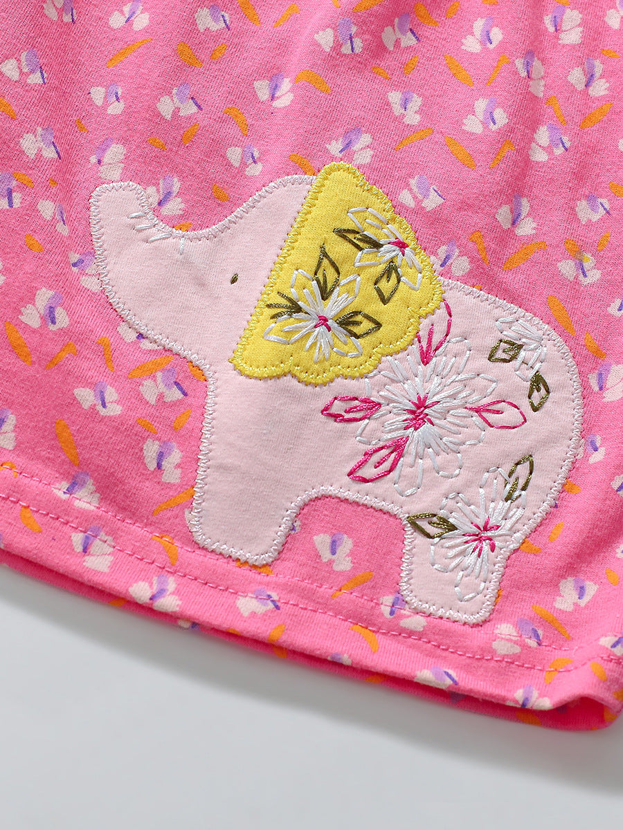 Arrival Autumn Girls Cartoon Elephant And Flowers Pattern Ruffle Neck Long Sleeves Princess Dress - Image 5