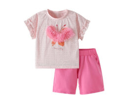 Summer Baby Kids Heart Shaped Butterfly Pattern Top and Pink Shorts Clothing Set for Girls