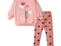 Spring and Autumn Girls Cartoon Rabbit and Balloon Pattern Long Sleeves Crew Neck Top Sweatshirt and Polka Dots Pants Clothing Set