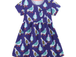 Summer Pure Cotton Animals Birds Pattern Short Sleeves Dress for Stylish Girls