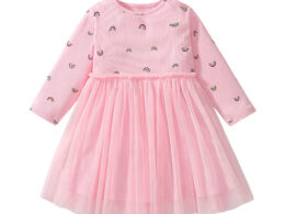 Arrival Autumn Girls Rainbows Print Crew Neck Long Sleeves Tulle Patchwork Princess Dress