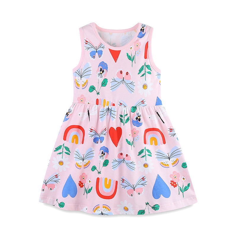 Summer Pure Cotton Cute Various Cartoon Pattern Sleeveless Dress for Stylish Girls