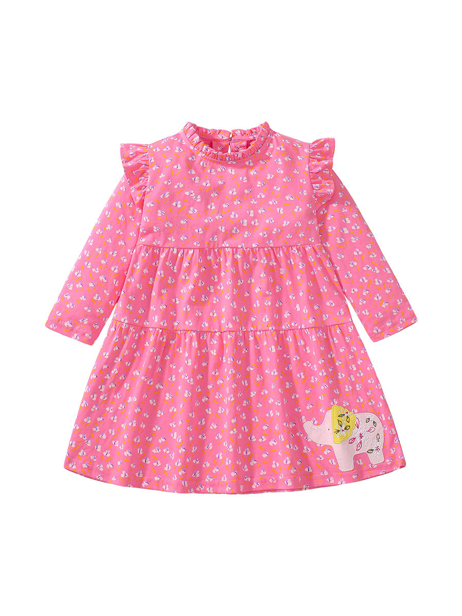 Arrival Autumn Girls Cartoon Elephant And Flowers Pattern Ruffle Neck Long Sleeves Princess Dress - Image 10