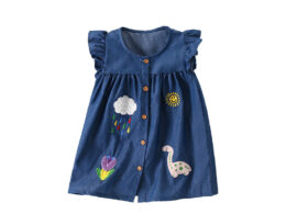 Summer Arrival Embroidered Pattern Fly Sleeves Single Breasted Dress for Stylish Girls