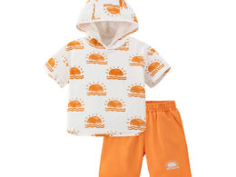 Summer Baby Kids Sunrise Pattern Hooded T-shirt and Shorts Clothing Set for Boys