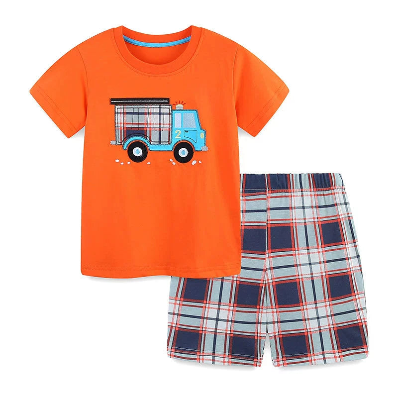 Summer Baby Kids Cartoon Truck Pattern T-shirt and Plaid Shorts Color Patchwork Clothing Set for Boys - Image 7
