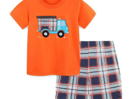 Summer Baby Kids Cartoon Truck Pattern T-shirt and Plaid Shorts Color Patchwork Clothing Set for Boys