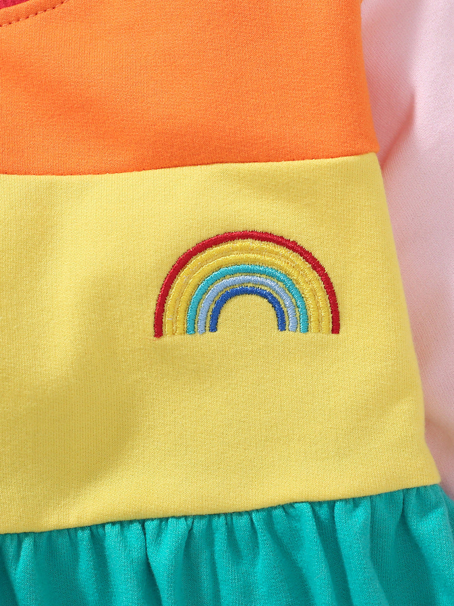 Arrival Autumn Girls Long Sleeves Rainbow Color Patchwork Crew Neck Dress - Image 5