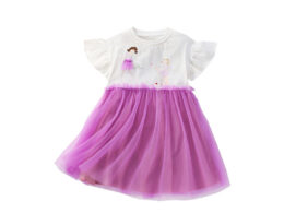 Summer Arrival Cartoon Pattern Fly Sleeves Tulle Patchwork Dress for Stylish Girls