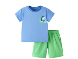 Summer Baby Kids Animals Cartoon Pattern T-shirt and Plain Shorts Clothing Set for Boys