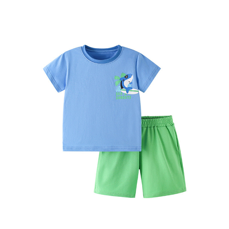 Summer Baby Kids Animals Cartoon Pattern T-shirt and Plain Shorts Clothing Set for Boys