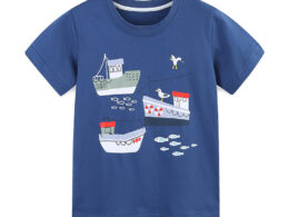 Summer Boys’ Ships Cartoon Pattern T-shirt in European and American Style
