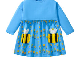 Design Autumn Girls Vivid Floral Pattern And Bees Pocketed Long Sleeves Dress