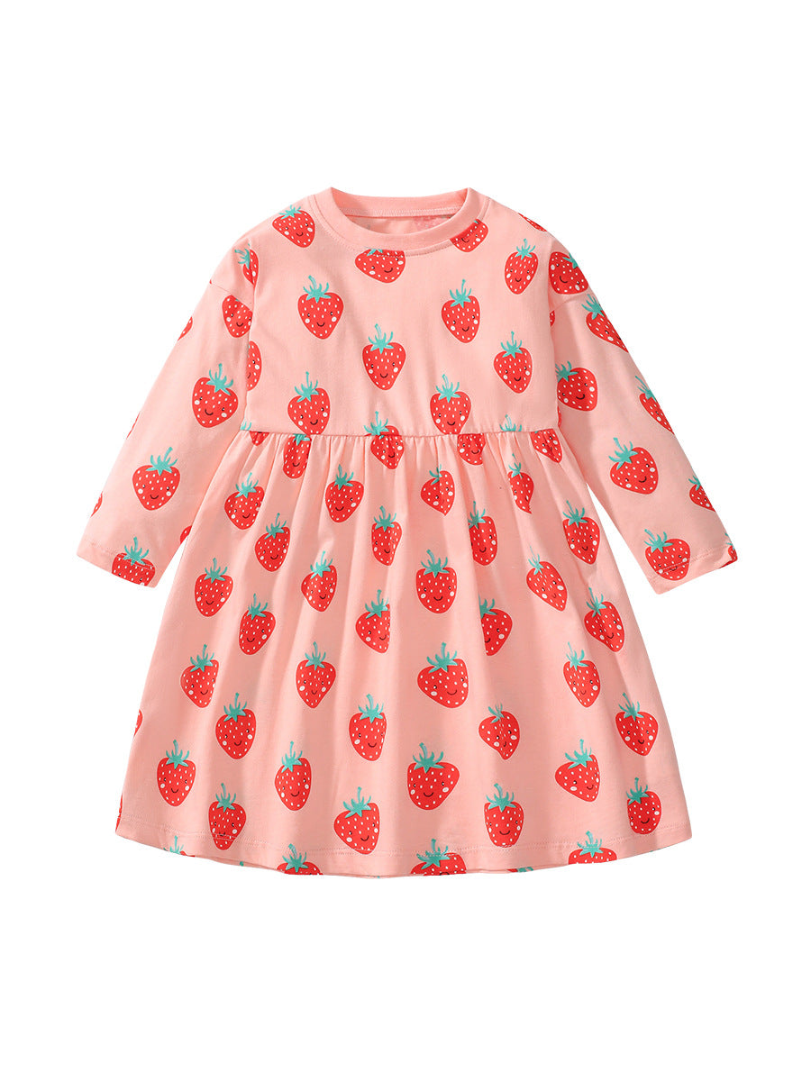 Arrival Autumn Girls Long Sleeves Cartoon Strawberry Fruits Pattern Crew Neck Dress - Image 9