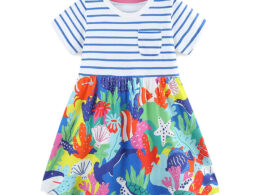 Summer Pure Cotton Cartoon Jungle Floral Pattern Short Sleeves Dress for Stylish Girls