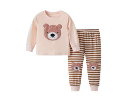 Spring and Autumn Boys Cartoon Teddy Bear Pattern Long Sleeves Top and Striped Pants Clothing Set