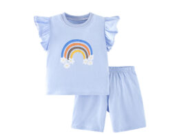 Summer Baby Kids Girls Floral Rainbow Print T-Shirt And Shorts Clothing Set
