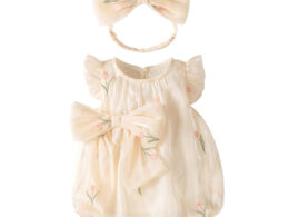 Summer Design Baby Girls Light Floral Pattern Embroidery Fly Sleeves Crew Neck Sweet Cute Onesies