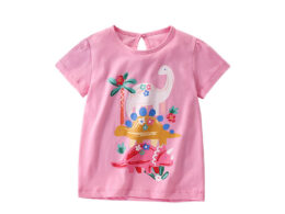 Summer Arrival Girls’ Cartoon Dinosaurs Pattern Short Sleeves Pink T-shirt in European and American Style