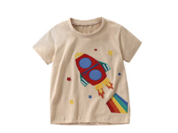 Summer Arrival Boys’ Rocket and Stars Cartoon Pattern T-shirt in European and American Style