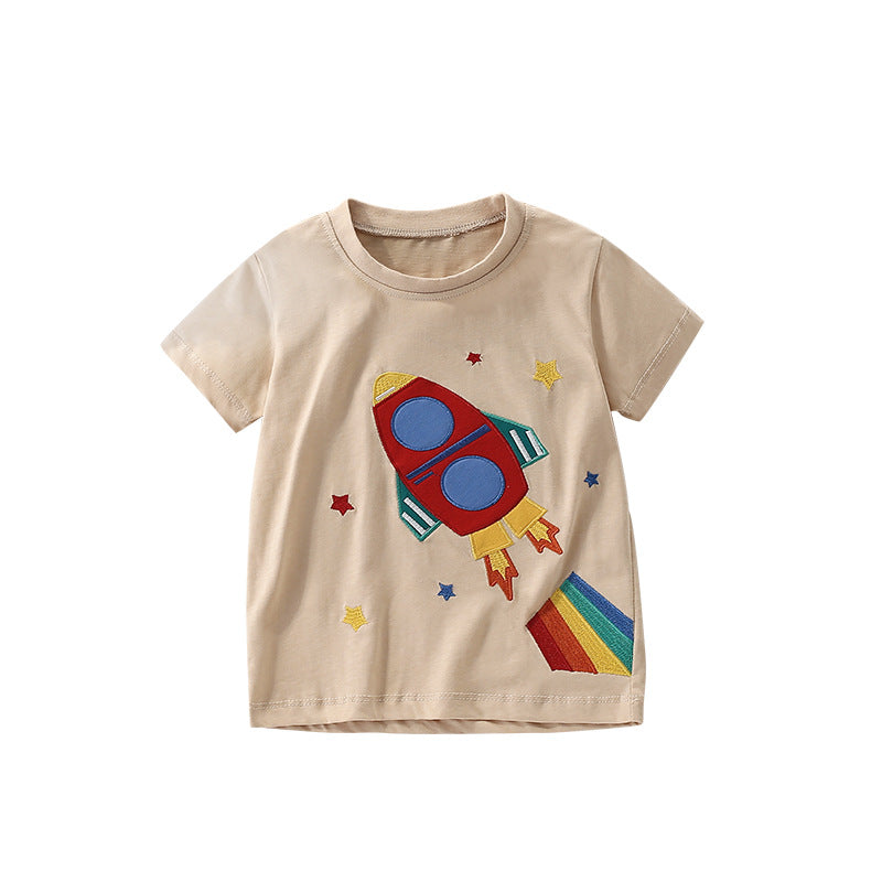 Summer Arrival Boys’ Rocket and Stars Cartoon Pattern T-shirt in European and American Style - Image 11