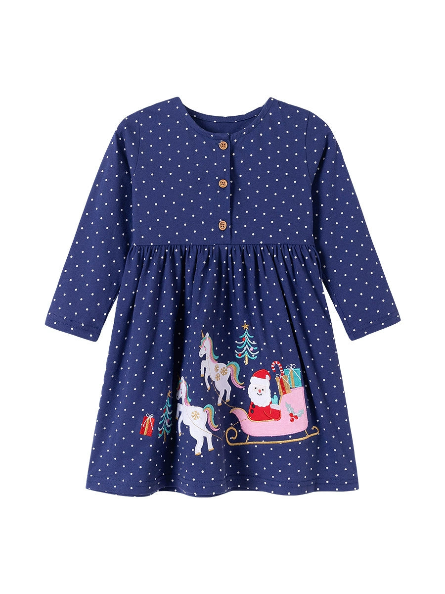 Autumn and Spring Arrival Christmas Cartoon and Dots Pattern Long Sleeves Crew Neck Dress for Stylish Girls - Image 5