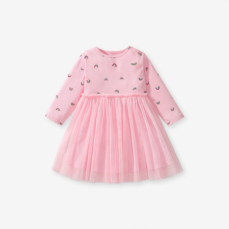Arrival Autumn Girls Rainbows Print Crew Neck Long Sleeves Tulle Patchwork Princess Dress - Image 2