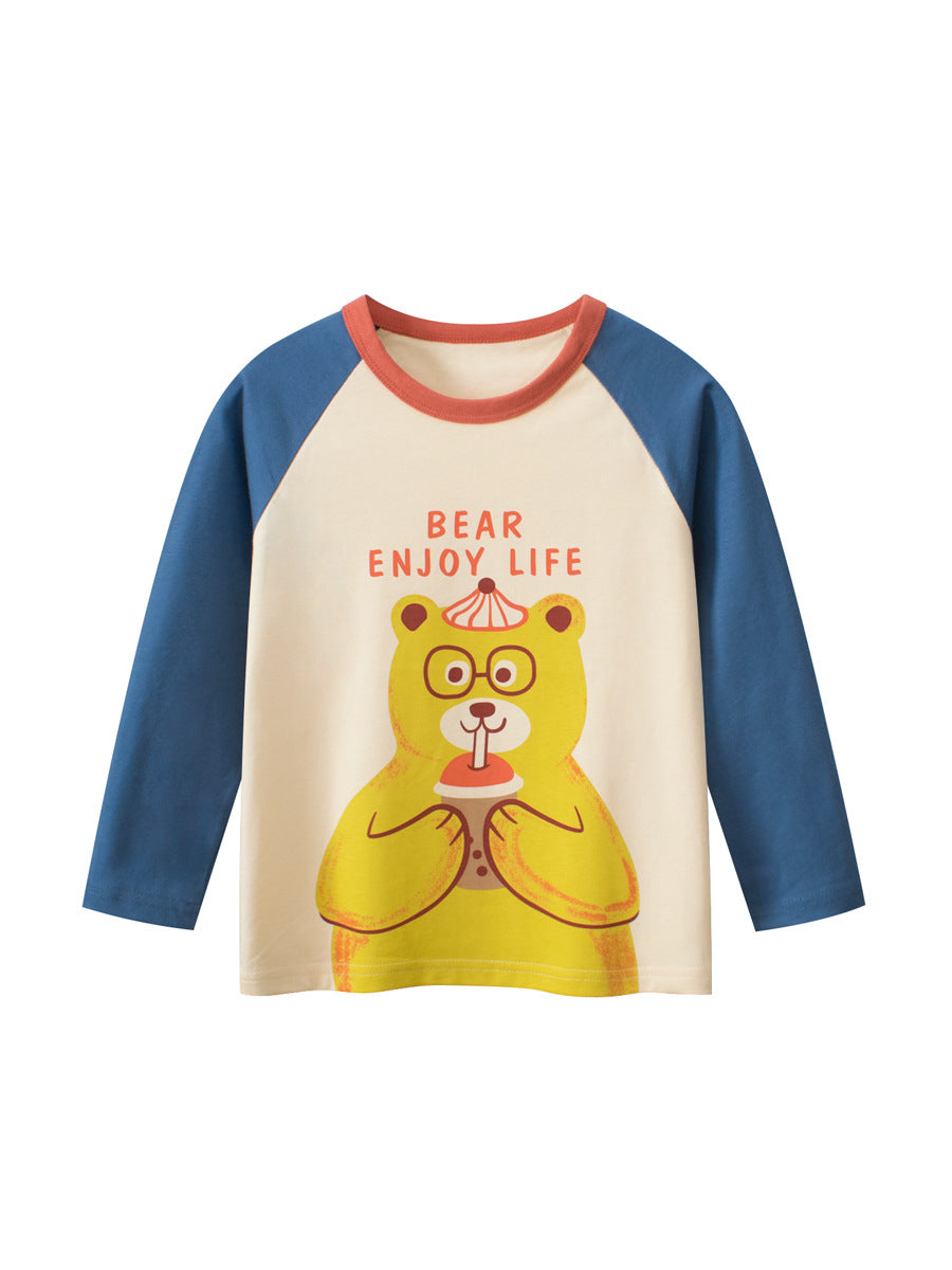 Autumn Baby Boys Cartoon Teddy Bear Print Color Patchwork Long Sleeves Crew Neck Base Top Shirt - Image 7