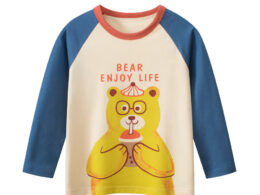 Autumn Baby Boys Cartoon Teddy Bear Print Color Patchwork Long Sleeves Crew Neck Base Top Shirt
