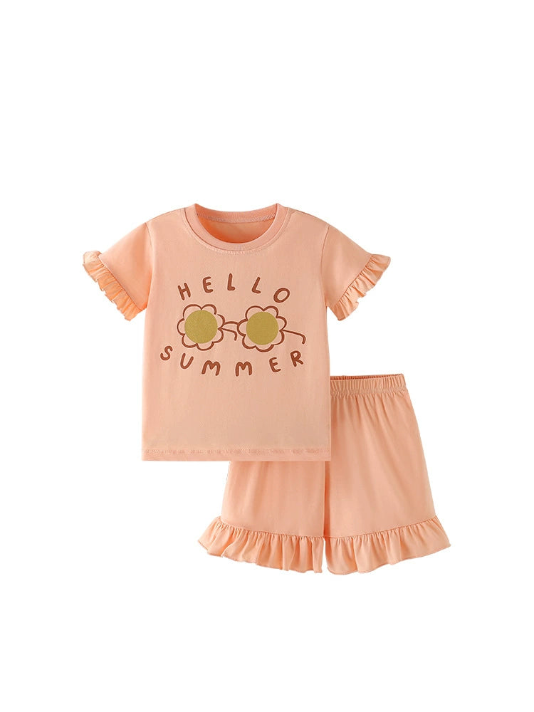 Summer Baby Kids Flowers and Letters Pattern T-shirt and Solid Color Shorts Clothing Set for Girls - Image 5