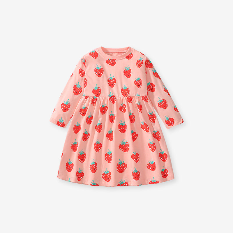 Arrival Autumn Girls Long Sleeves Cartoon Strawberry Fruits Pattern Crew Neck Dress - Image 2