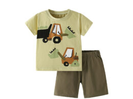 Summer Baby Kids Casual Excavator Cartoon Pattern T-shirt and Shorts Clothing Set for Boys