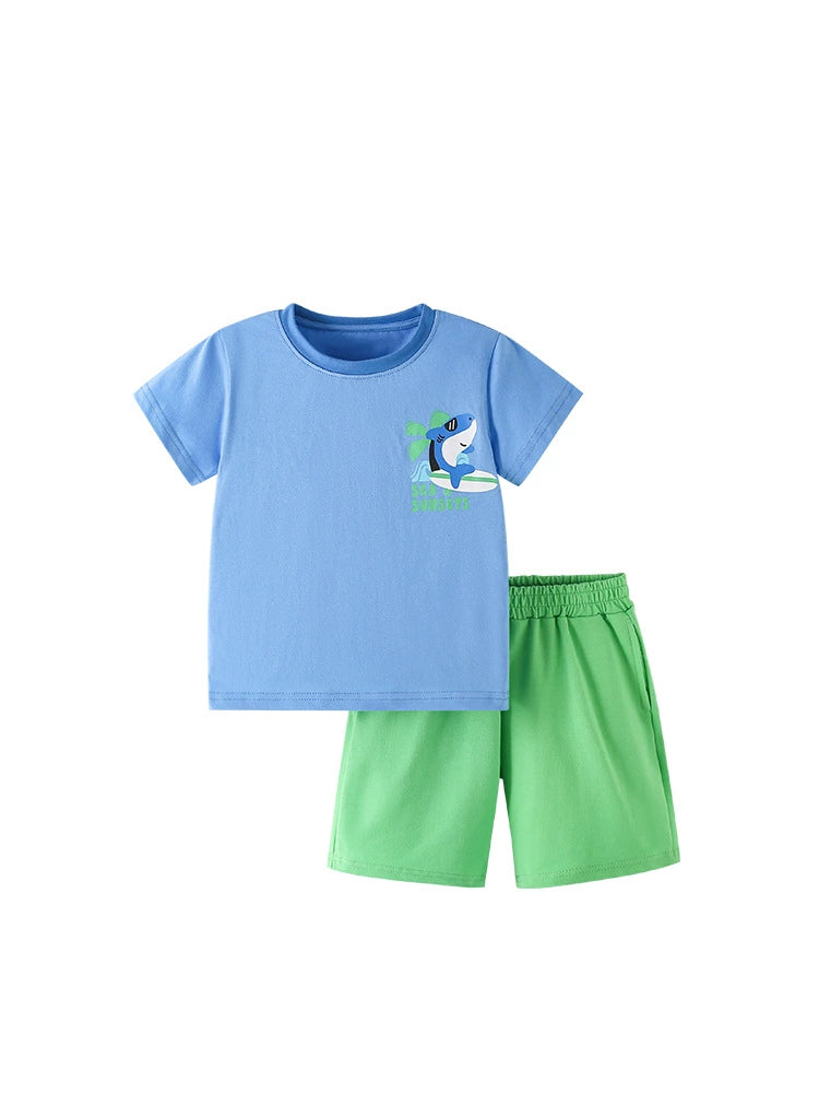 Summer Baby Kids Animals Cartoon Pattern T-shirt and Plain Shorts Clothing Set for Boys - Image 5