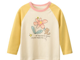 Autumn Arrival Kids Girls Flowers Cartoon Print Crew Neck Long Sleeves Color Patchwork Shirt