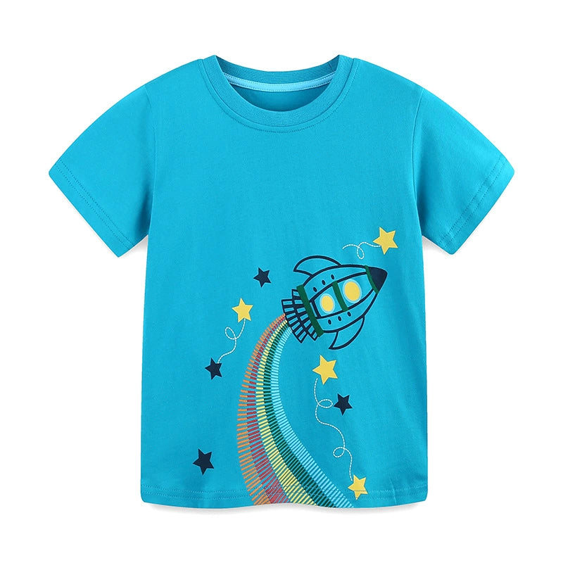 Summer Boys’ Rocket and Stars Cartoon Pattern T-shirt in European and American Style - Image 10