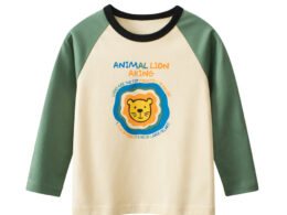 Autumn Baby Boys Letters and Lion Print Color Patchwork Long Sleeves Crew Neck Base Top Shirt
