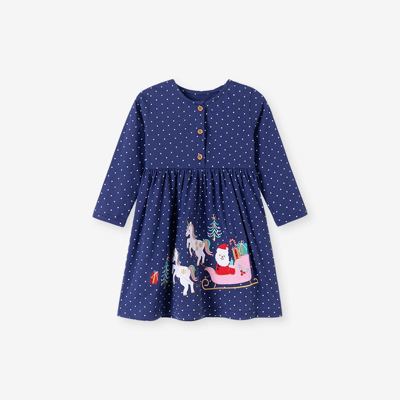 Autumn and Spring Arrival Christmas Cartoon and Dots Pattern Long Sleeves Crew Neck Dress for Stylish Girls - Image 8