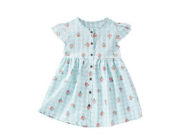 Summer Arrival Fruits Pattern Fly Sleeves Single Breasted Plaid Dress for Stylish Girls