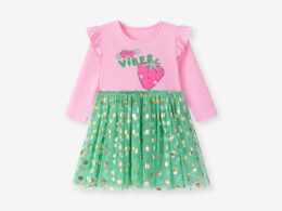 Autumn and Spring Arrival Strawberry Cartoon and Polka Dots Pattern Long Sleeves Crew Neck Dress for Stylish Girls