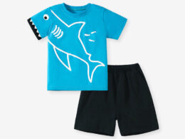 Summer Baby Kids Shark Cartoon Pattern T-shirt and Shorts Clothing Set for Boys